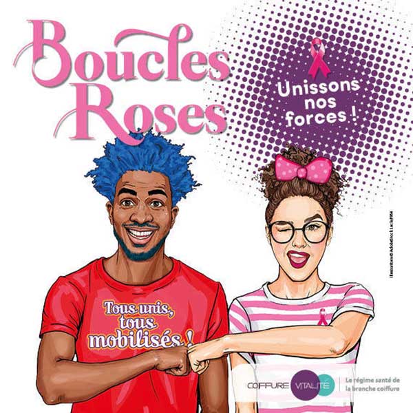 Boucles Roses - Unissons Nos Forces pour la Lutte contre le Cancer du Sein Boucles Roses avec deux personnes unies symbolisant le soutien a la campagne de sensibilisation au depistage du cancer du sein portant le message Tous unis tous mobilisés et Unissons nos forces pour promouvoir l-importance du depistage