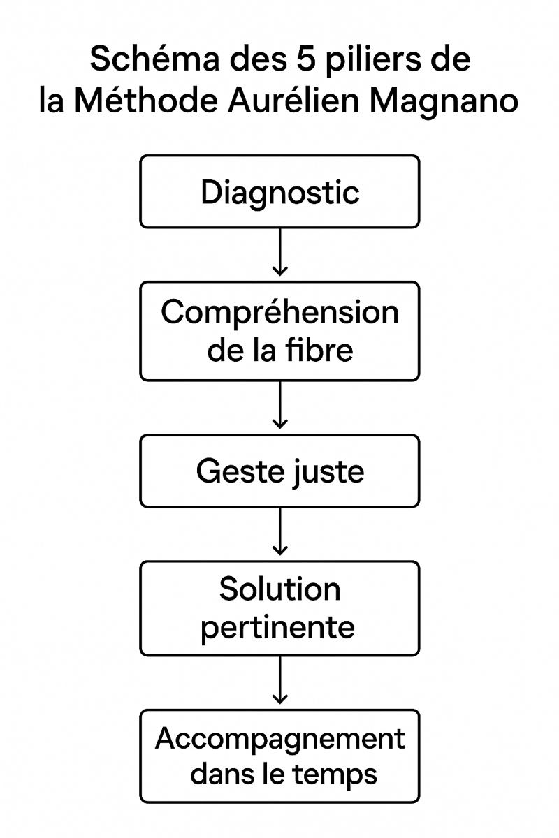Schéma des 5 piliers de la Méthode Aurélien Magnano : diagnostic, compréhension de la fibre, geste juste, solution pertinente, accompagnement dans le temps.