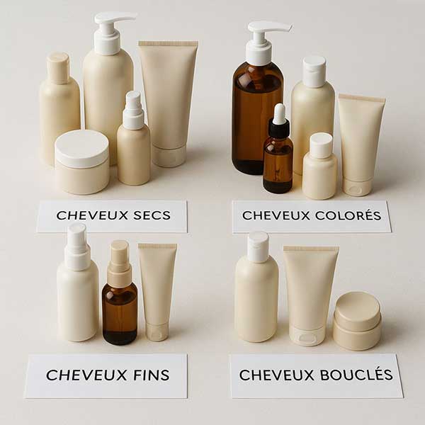 Organisation de soins capillaires professionnels par type de cheveux : cheveux secs, colorés, fins et bouclés, selon l’approche d’expertise d’Aurélien Magnano